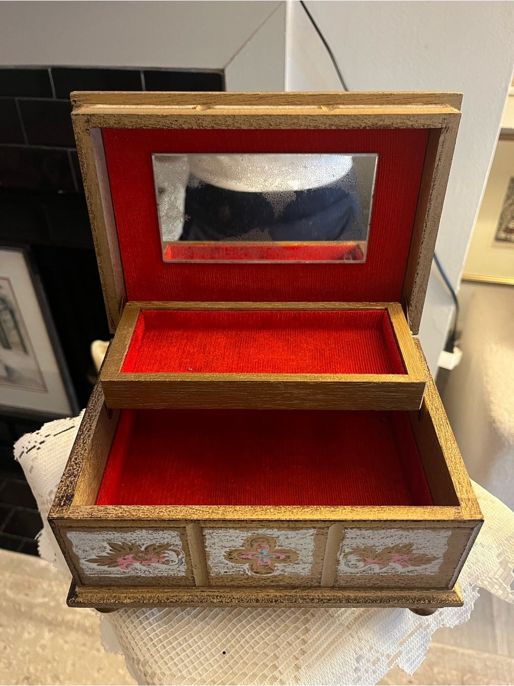 Florentine jewelry “wardrobe” box 
- Red Velvet Jewelry Box with Gold Trim